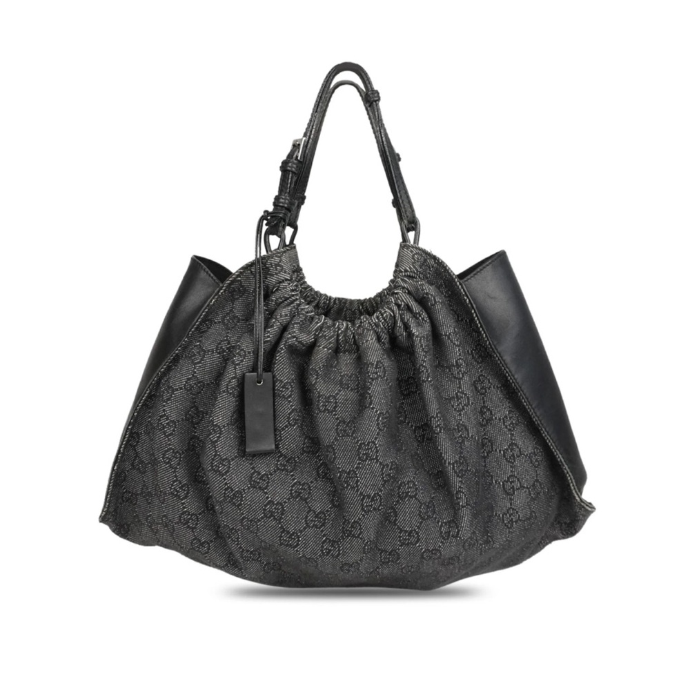 🦋🪻GUCCI Blackish/Grey GG Canvas Logo Drawstring Tote